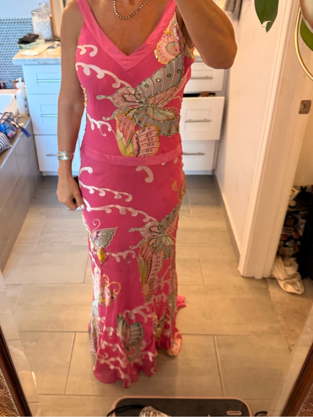 Nina Austin Vintage Pink Embellished V-Neck Butterfly Maxi Dress one of a kind